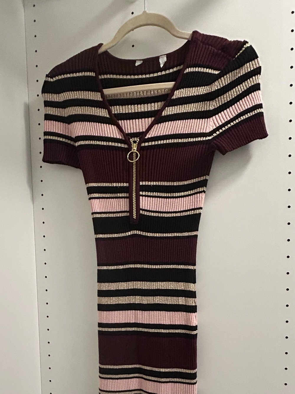 Ribbed Midi Dress in Burgundy with Pink Stripes and Zip